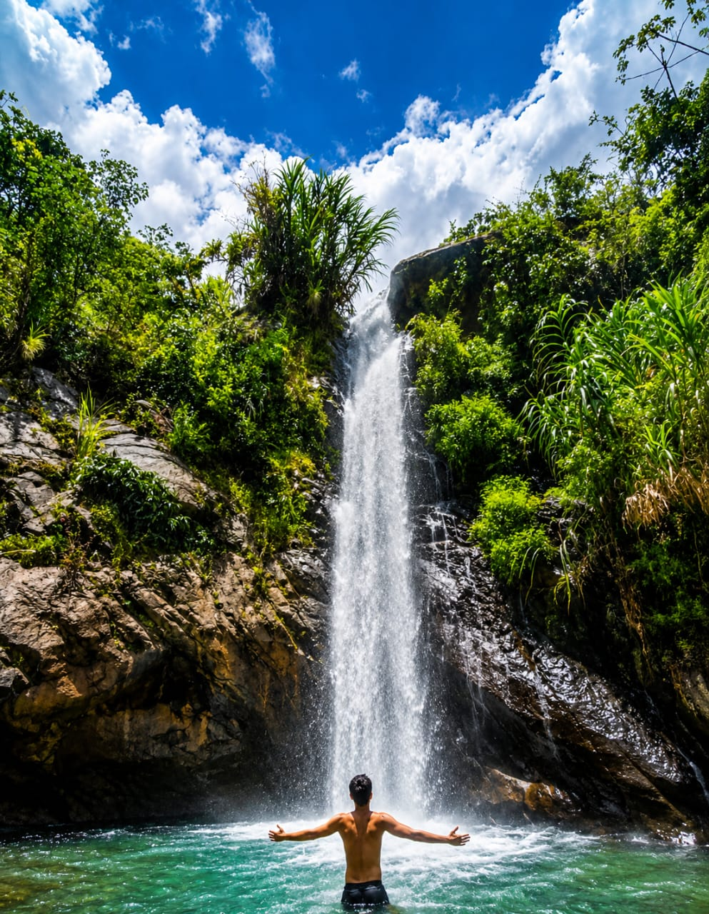 Visitante disfrutando de la poza bajo la catarata