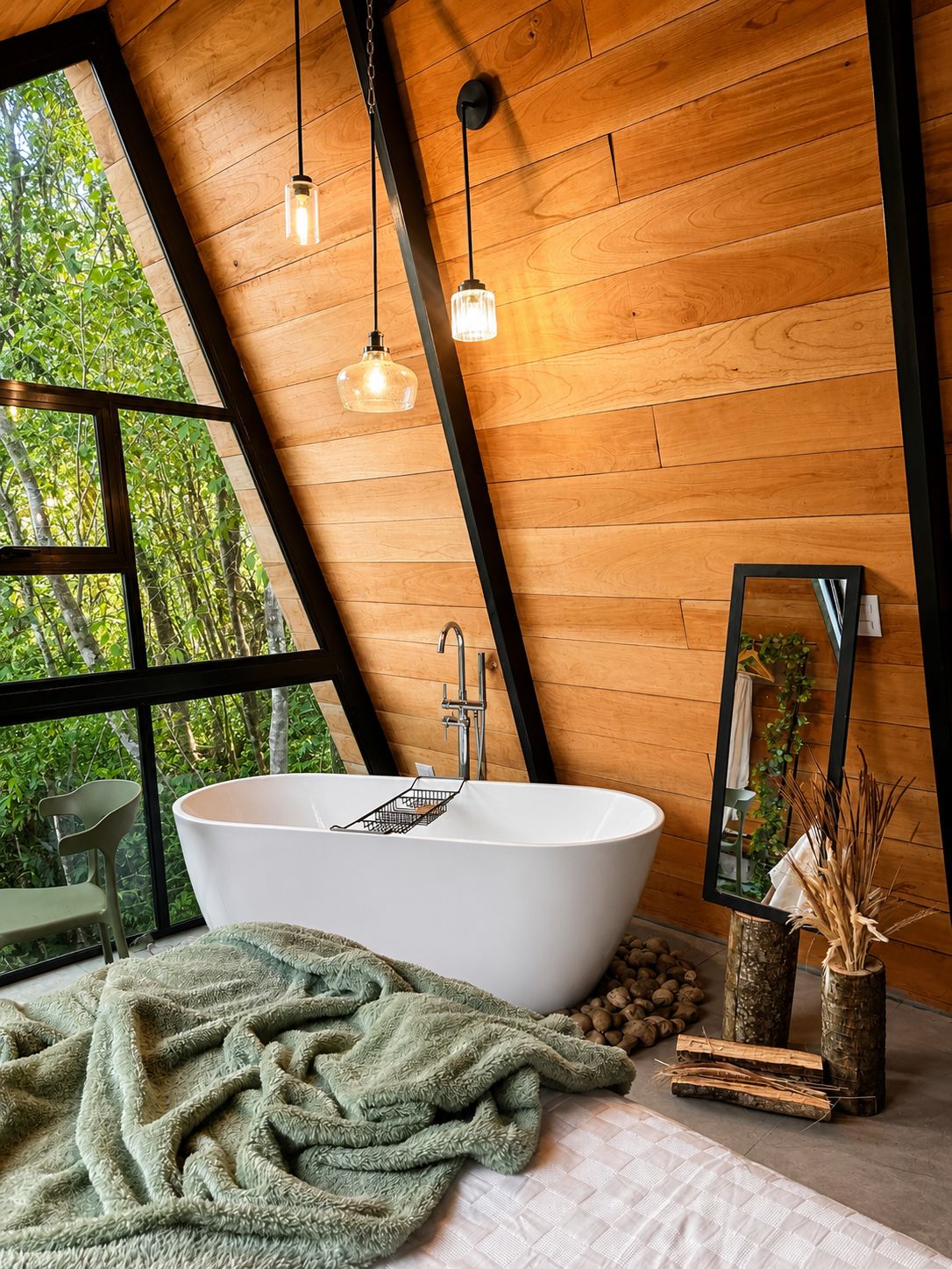 Tina de baño junto a ventanales con vista al bosque