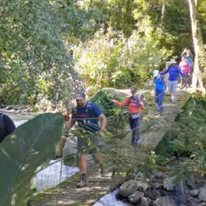 Grupo de visitantes cruzando puente colgante en el sendero
