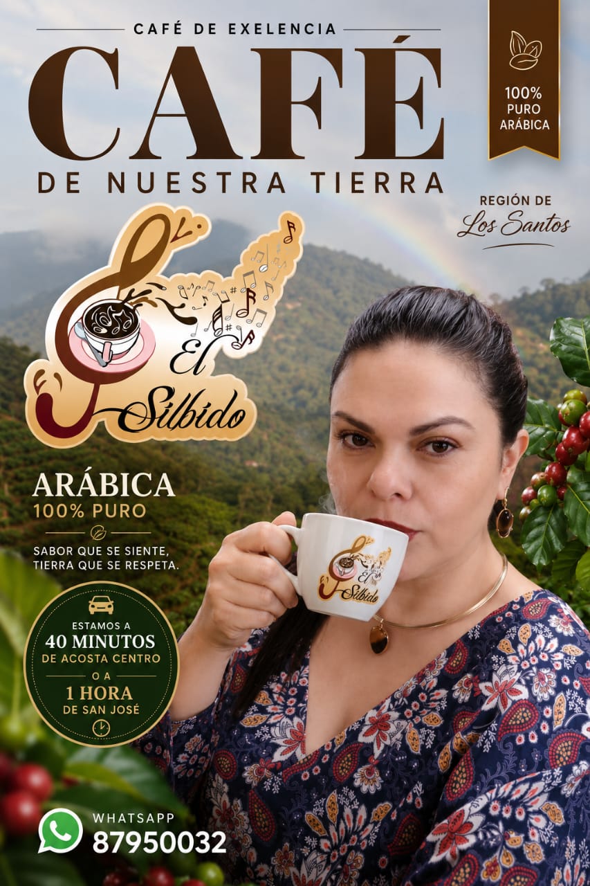 Afiche promocional de Café El Silbido con una mujer tomando café