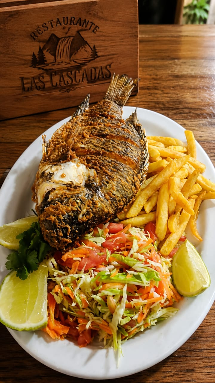 Plato fuerte con pescado frito, papas y ensalada en Restaurante Las Cascadas