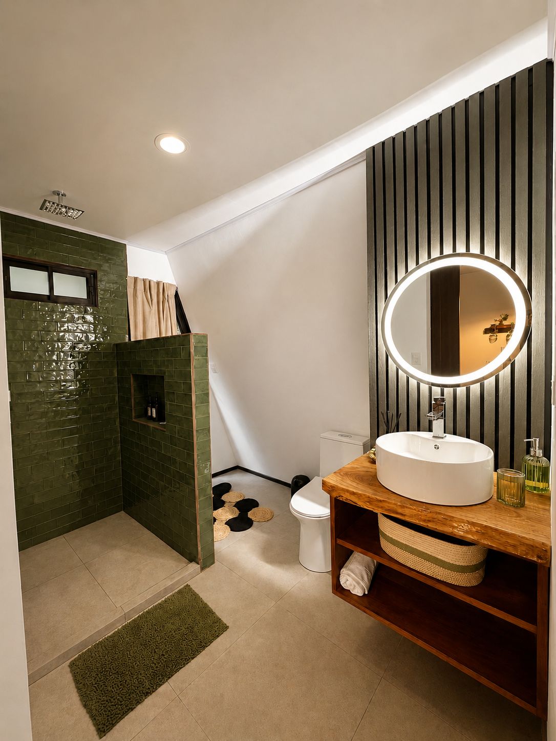 Baño con ducha de azulejo verde y espejo iluminado