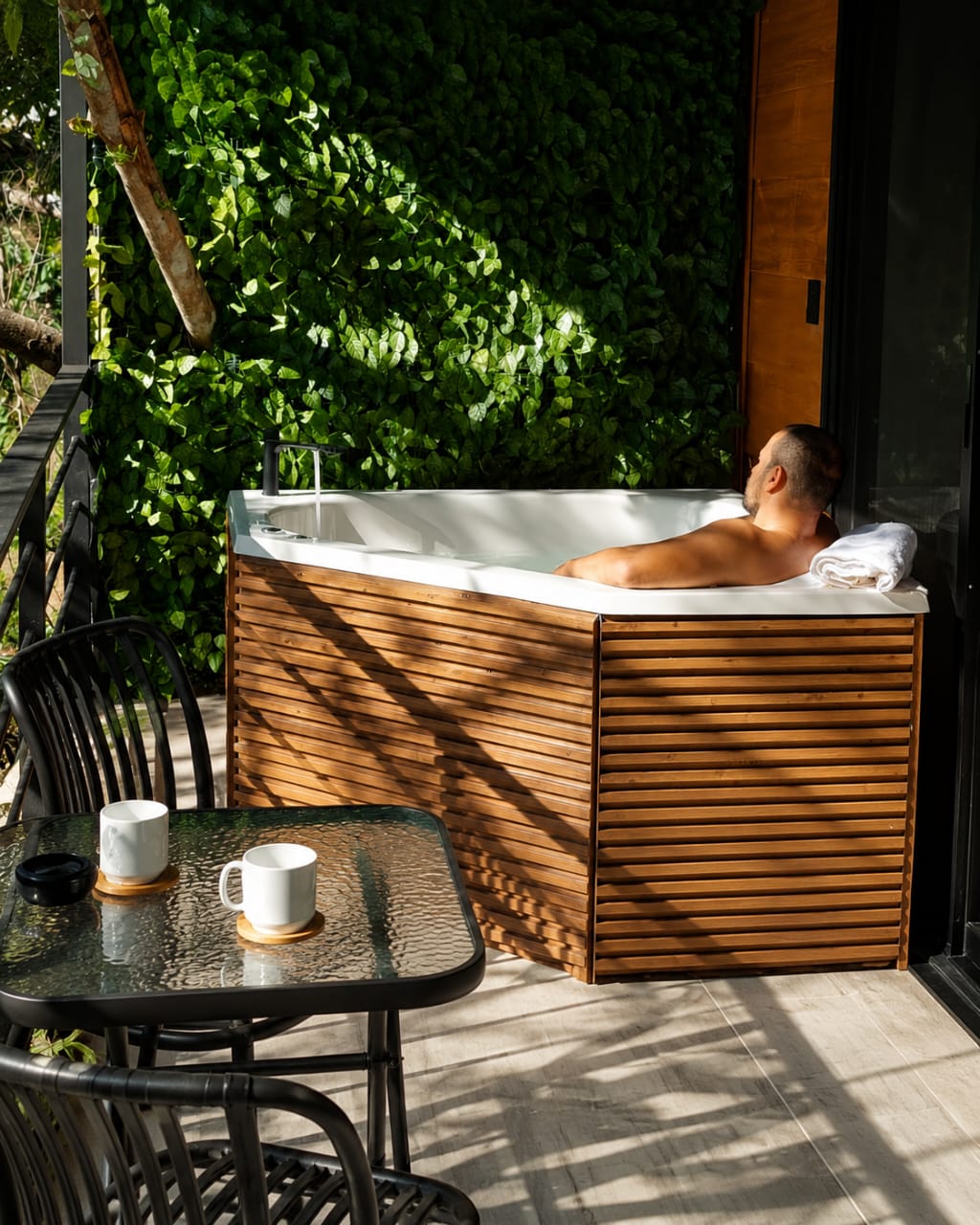 Jacuzzi privado en la terraza con vista al bosque