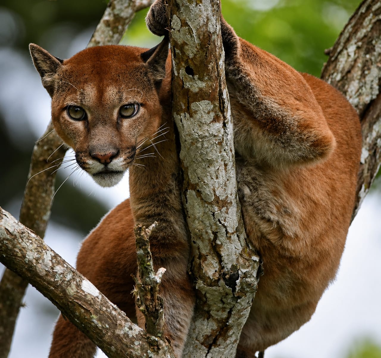 Puma observando desde un árbol