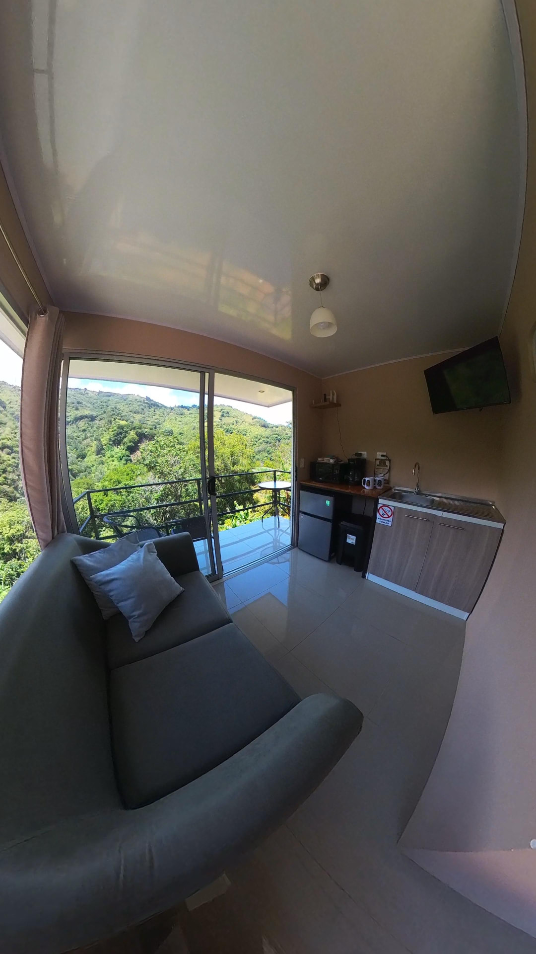 Sala con cocineta, TV y balcón con vista al bosque