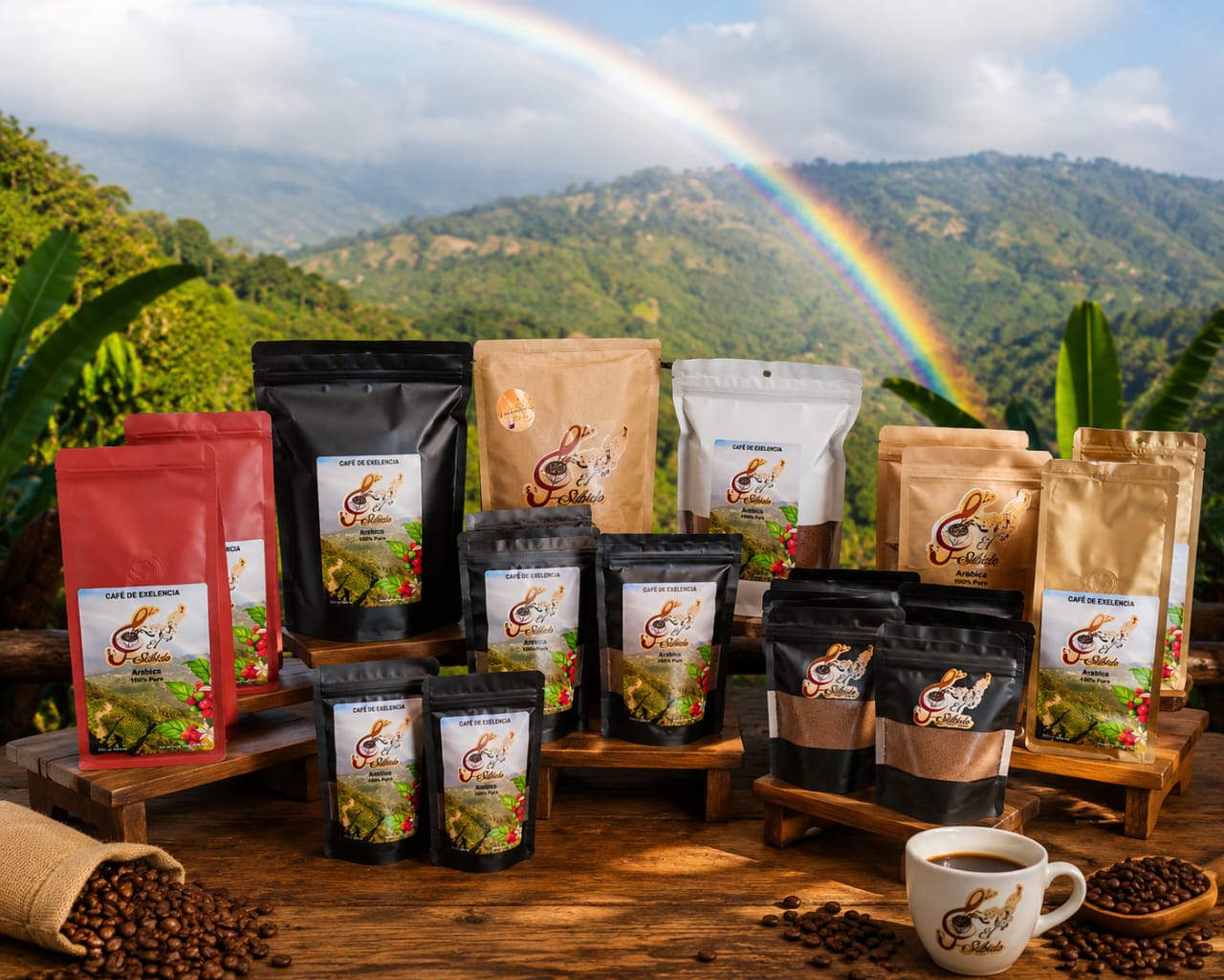 Bolsas de Café El Silbido sobre una mesa con paisaje montañoso y arcoíris