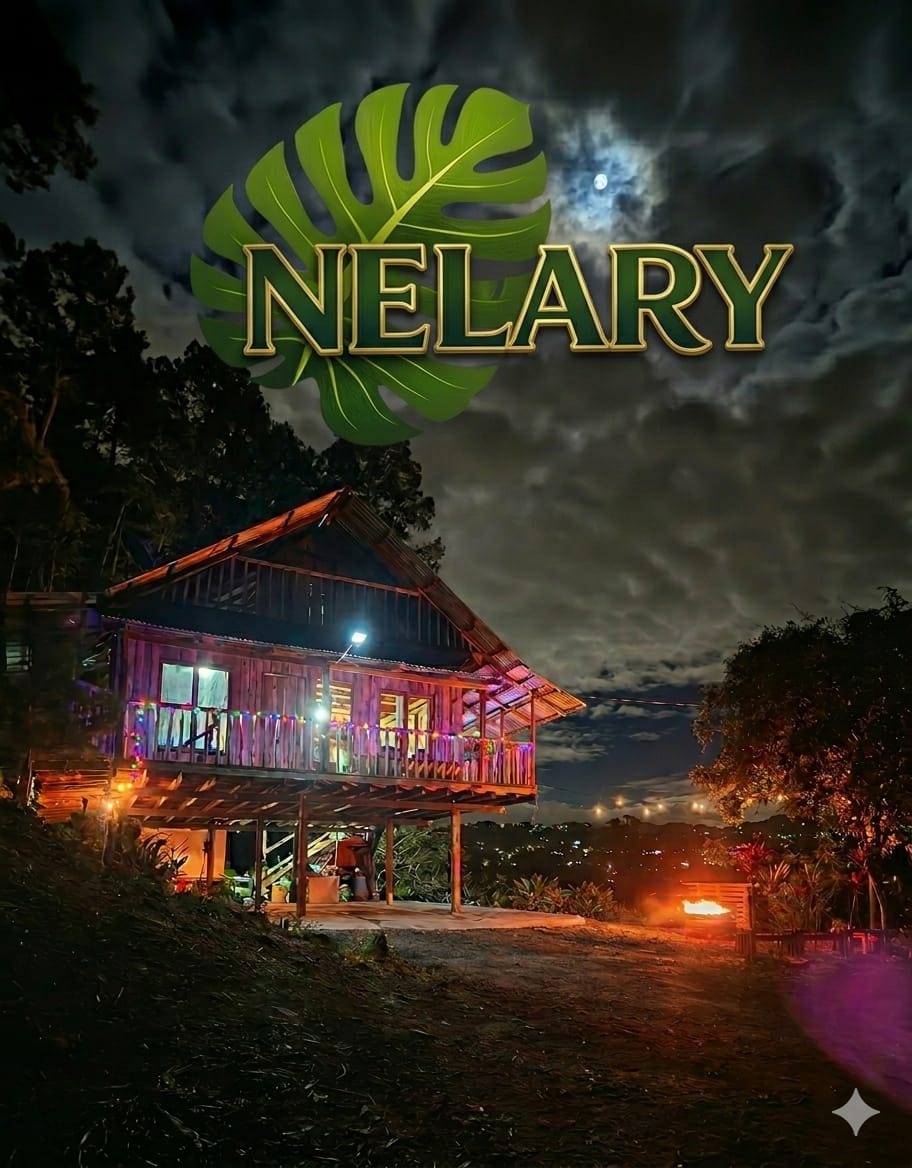 Cabaña de Refugio Nelary iluminada de noche con fogata