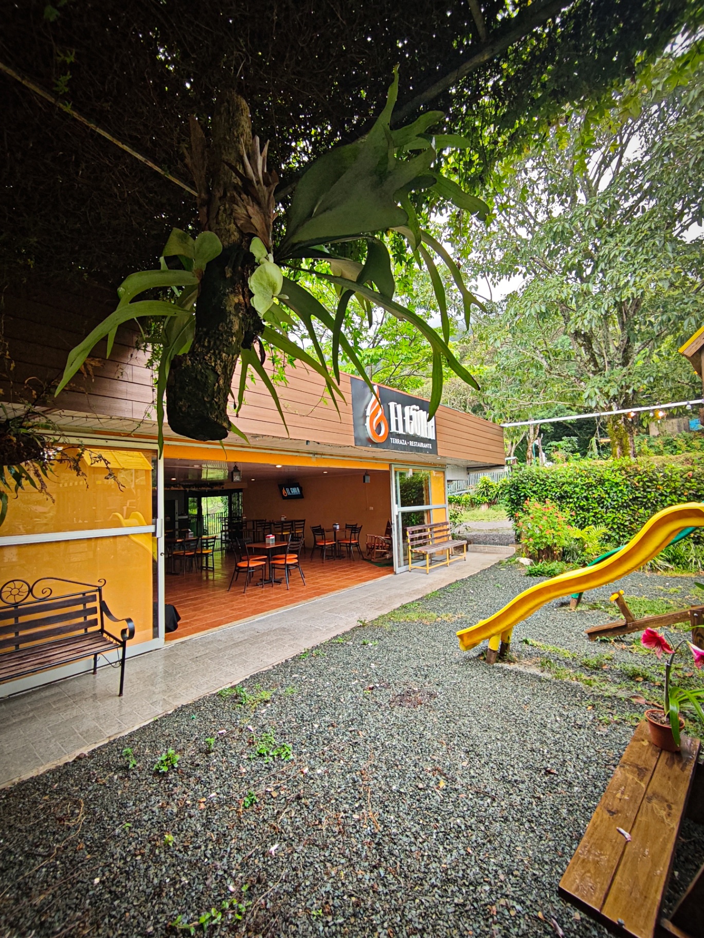 Terraza y entrada del restaurante rodeada de naturaleza