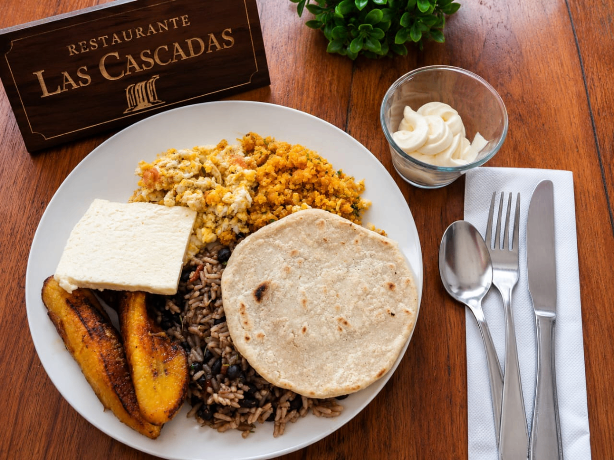 Desayuno tradicional servido en Restaurante Las Cascadas
